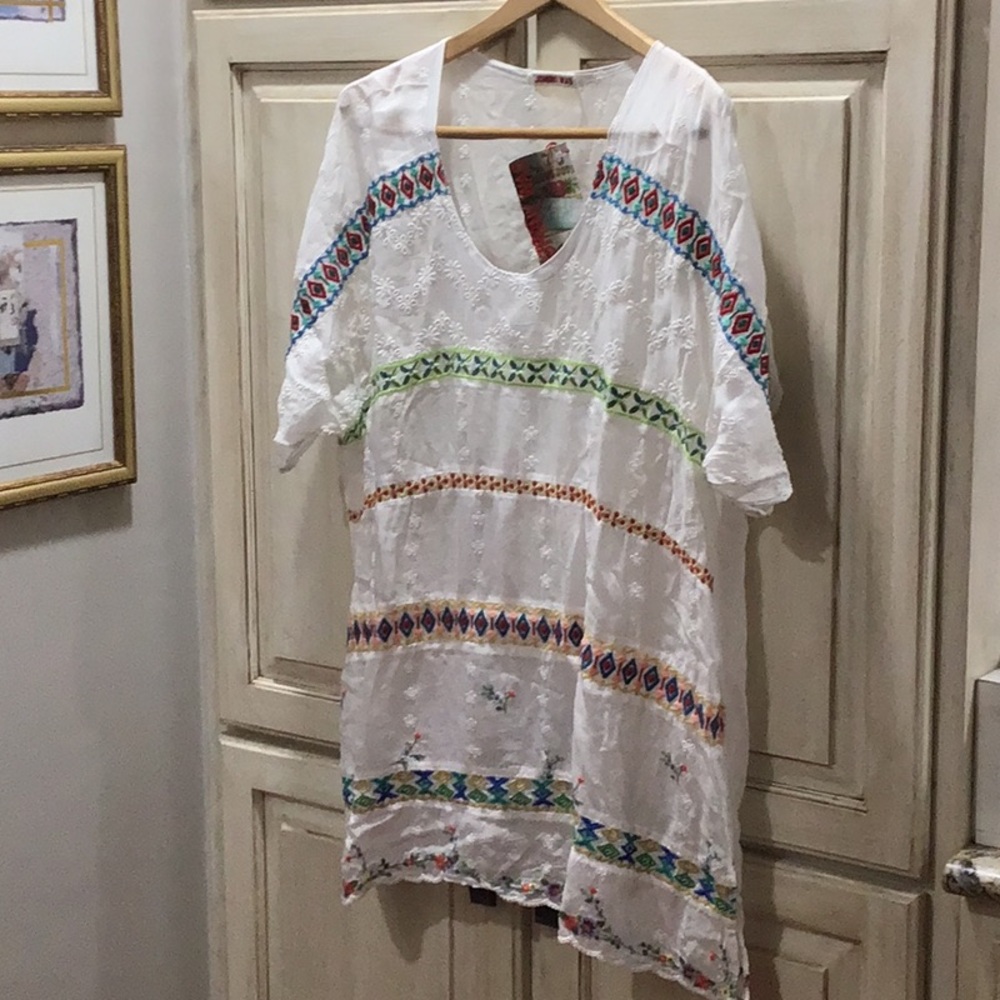 NWT Johnny Was Embroidered White Boho Top Swimsuit Coverups Dress $198